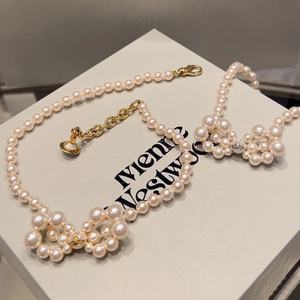 Collar Vivienne Niche con Lazo de Perlas, Cadena de Aleación de Zirconia con Eslabones de Planeta Tierra, Elegante y Lujoso, Nuevo, para Mujer - Product Image 5