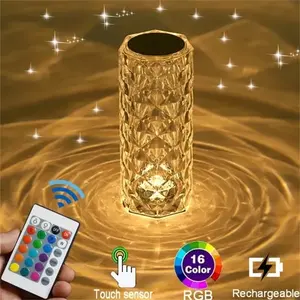 Hot Sale High Quality RGB 16 Colors LED Rechargeable Rose Crystal Table Lamp Touch Control