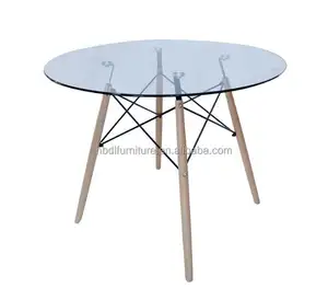 Mesa de comedor sencilla con patas de madera de haya, mesa de cristal de 10mm