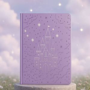 Purple Debossed Castle and Stars Fantasy Journal Silver Foil Stamping PU Leather A5 <b>Notebook</b> with Rounded Corners for Gift - Product Image 1