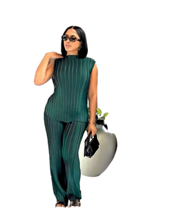 Women's Green Striped Pleated 2 Piece <b>Set</b> Sleeveless Turtleneck Top Wide Leg Pants Loose Fit Spring Summer Normcore Style - Product Image 1