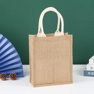 Custom logo printing eco-friendly waterproof reusable jute bags wholesale shopping tote bag with cotton woven handles