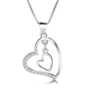 925 Sterling <b>Silver</b> Double <b>Heart</b> Women's <b>Necklace</b> Rhodium Plated with Pave Zircon Stone Trendy Style for Wedding Engagement Gift - Product Image 1