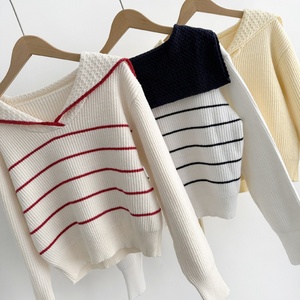 Chic décontracté col <span class=keywords><strong>marin</strong></span> à manches longues chandails pulls en tricot à rayures lâches pour les femmes - Product Image 2