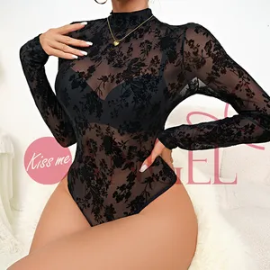 night wear hot sexy women lingerie KISS ME ANGEL black long sleeve flocking lace perspective sexy bodysuit lingeries