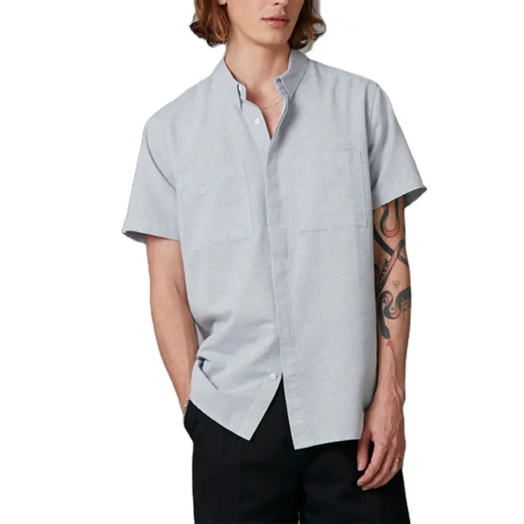 High quality mens casual shirts wholesale mens short sleeve shirt private label linen cotton mens grey shirts