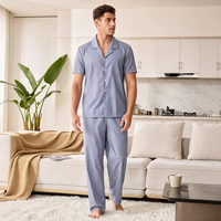 Ensemble de pyjama deux pièces à col rayé bleu, tissé en tissu doux, pour homme, vente en gros d'usine