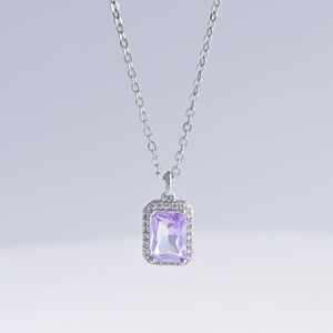 OEM Women's 925 plata sterling Silver <b>Amethyst</b> Pendant <b>Necklace</b> Emerald Cut Geometric Classic cubic zirconia pendant <b>necklaces</b> - Product Image 1