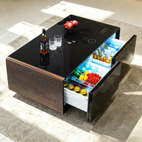 Table basse couleur marron avec réfrigérateur intégré pour vin et bière, 2 tiroirs réfrigérants, ports de charge USB et haut-parleur musical