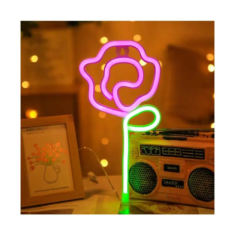 दीवार पर बच्चों के कमरे की पार्टी उपहार, शादी की सजावट के लिए फ्लावर हैंगिंग यूएसबी बैटरी चालित नियॉन लाइट नाइट लैंप एलईडी गुलाब साइन