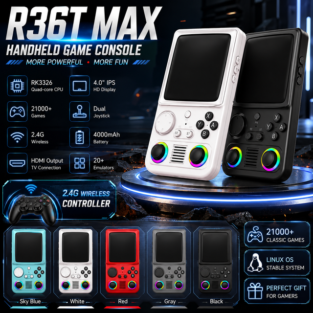 R36T MAX Handheld Game Console 4 Inch IPS 128GB 21000+ Games RK3326 Linux 4000mAh Dual RGB Joystick WiFi Online Battle