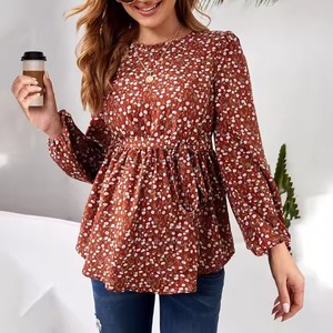 Vêtements <span class=keywords><strong>de</strong></span> maternité chemise imprimé fleuri femmes enceintes à manches longues col rond boutonné ceinture à volants haut <span class=keywords><strong>de</strong></span> <span class=keywords><strong>grossesse</strong></span> - Product Image 3