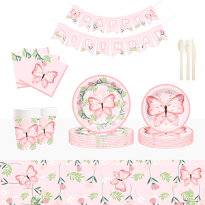 DAMAI Nuevo Diseño Personalizado, Kit de Vajilla de Papel con Diseño de Mariposas, Plato Desechable Rosa para Decoración de Fiestas de Cumpleaños de Niñas - Product Image 1