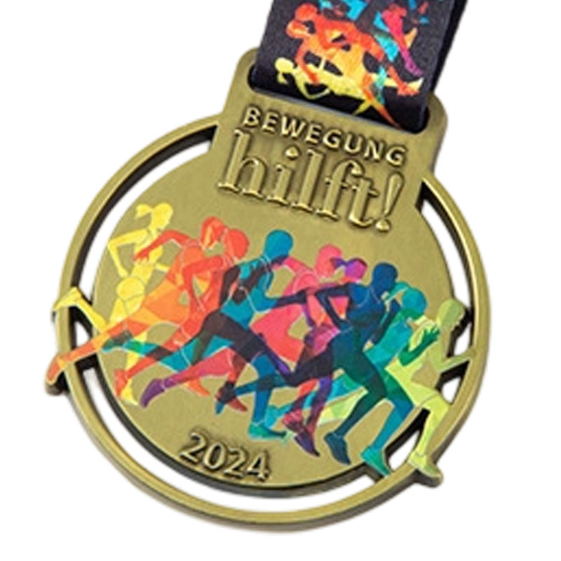 Custom UV Printed Antique Bronze Run Hollow Cut-Out Race Finisher Medals With Text 2024 & Colorful Runners For Marathon Events