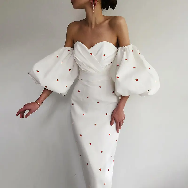 Fashion Puff Sleeve Polyester Embroidery pattern Woven Split V Neck Breast Wrap Dinner Dress Formal Gown Long Prom Dress Evening