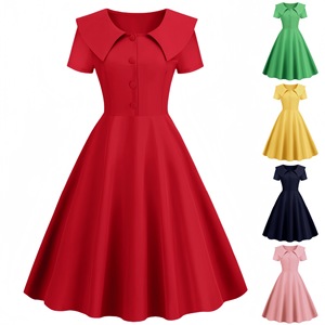 ชุดเดรสทรงเอลำลองแขนสั้นคอปกสีพื้นสำหรับผู้หญิงแฟชั่น - Product Image 1