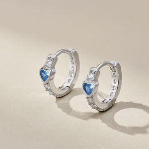 Dylam Tiny Women Girls Fine Jewelry Dress up S925 <b>Silver</b> Rhodium Plated Diamond Sapphire Heart Shape 5A Zirconia <b>Hoop</b> Earrings - Product Image 3