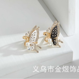 Butterfly Pearl Rhinestone Ring Gold Inlay Black White Fashion Accessory - Product Image 3