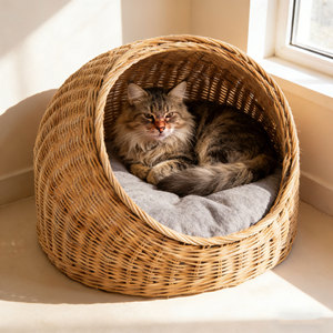 Lit pour chat en osier, maisonnette pour animaux de compagnie en rotin, nid douillet pour chat, panier de couchage avec coussin, mobilier moderne de luxe pour animaux de compagnie - Product Image 4