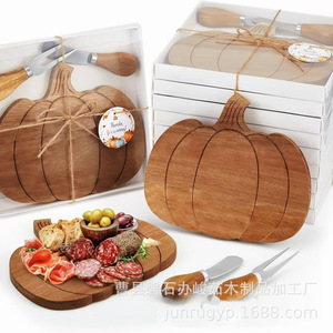 Pumpkin Shaped Wooden <b>Cheese</b> Board With <b>Knife</b> And Fork <b>Set</b> For Autumn Thanksgiving Party Decoration - Product Image 2