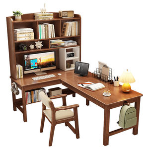 Escritorio esquinero de madera maciza con estantería integrada en forma de L para computadora, para el hogar, dormitorio, estudio o estación de trabajo. - Product Image 5
