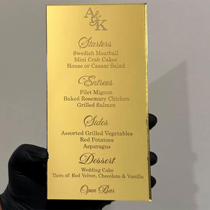 เมนูงานแต่งงานแบบกำหนดเอง เมนูอะคริลิคแบบกระจกเงาสำหรับใส่บนจาน การ์ดเมนูสลักเลเซอร์สำหรับงานแต่งงาน ตกแต่งโต๊ะอาหารค่ำ - Product Image 1