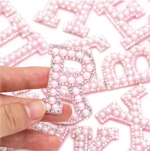 Pink Pearl Letter Patches English Alphabet Rhinestone Patch Applique For Clothes Iron On Patches Stripe Badge DIY Name
