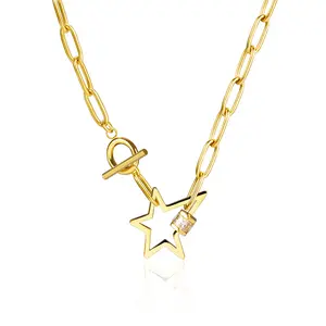 High Quality Jeweled Crystal Lock Star Pendant OT Buckle Necklace Gold Plated INS Trendy Stainless Steel Necklace For Women