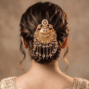 Broche à cheveux plaquée or avec pierres multicolores, perles et motifs de bijoux de mariée indiens traditionnels ornés pour femmes - Product Image 3