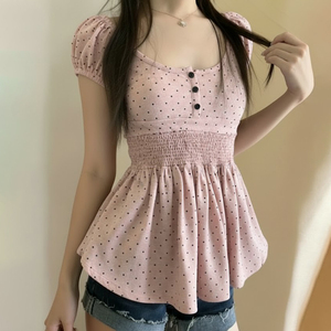 Camiseta de manga corta con cuello redondo y lunares para mujer, top de punto con corte en A, camiseta informal de moda de verano - Product Image 1