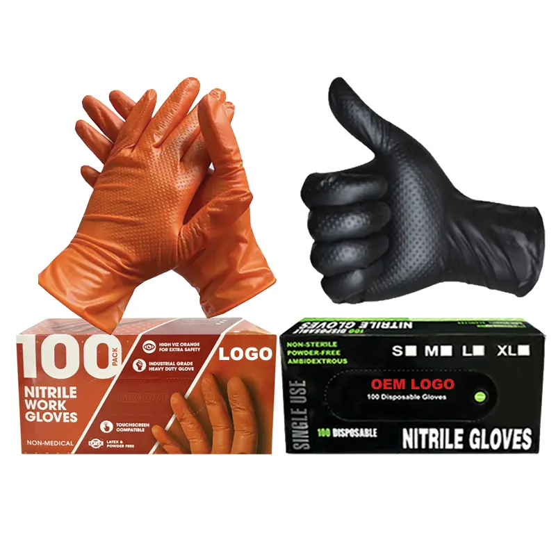 Gants en nitrile noirs industriels pour automobiles, gants jetables mécaniques orange à l'épreuve des produits chimiques, 8 mil, 10mil