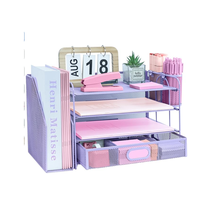 Organisateur de bureau en métal à 4 niveaux avec tiroir pour papier/lettres et 2 porte-stylos - Accessoires de bureau