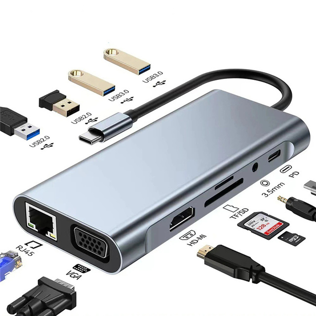1000Mbps USB C Hub Type C to HDTV RJ45 11 Ports Dock with PD TF SD AUX Usb Hub 3 0 Splitter for MacBook Air Pro PC HUB