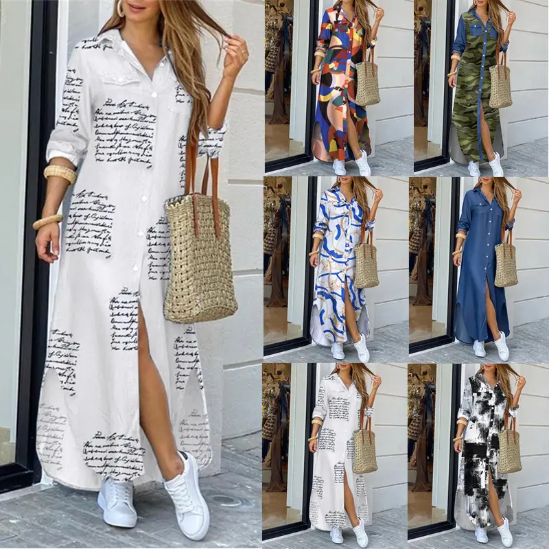 2022 Deep V-neck Shirt Dress Ladies Sexy Split Fashion Casual Long Sleeve Loose Maxi Dresses Print Summer Elegant Women Style