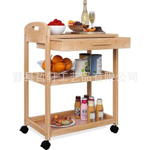Chariot de cuisine en bois massif à 3 niveaux avec tiroir et roulettes, chariot de rangement portable pour usage domestique - Product Image 3