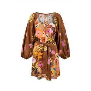 Vestido corto raglán con estampado retro de playa de verano, vestido de mezcla de lino y algodón transpirable de alta calidad con cintura entallada - Product Image 6