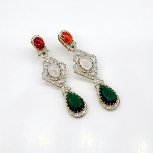 08434Vintage Drop <b>Earrings</b> Mehandi Plated Emerald Cut Green Gemstone <b>Red</b> Top Cubic Zirconia Claw Setting Women's Party Jewelry - Product Image 1