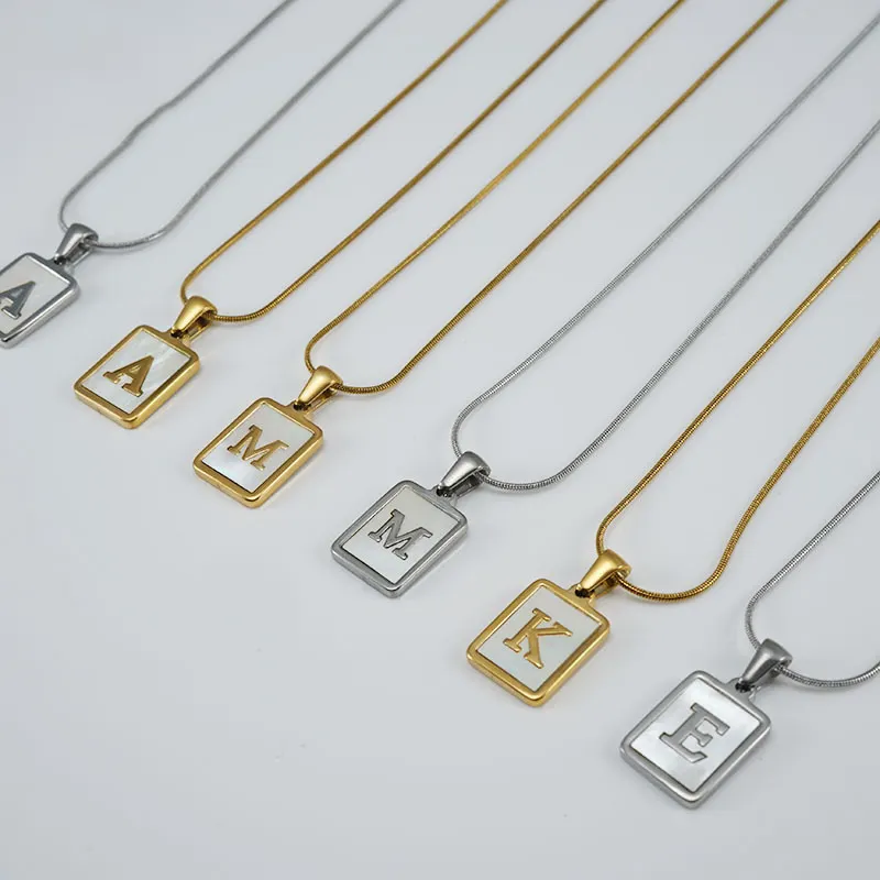High Quality Pendants Alphabet Letters Necklace Snake Bone Chain 18k Gold Square Shell Capital Letter Stainless Steel Necklace