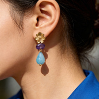 Anting-anting gantung vintage boho bunga amethyst biru jasper berlapis emas buatan tangan untuk wanita, perhiasan liburan