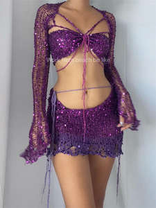 Yaz Y2K tığ kadın 3-Piece kıyafet seti katı desen uzun kollu kırpma üst seksi Mini etek Halter gece elbisesi - Product Image 5
