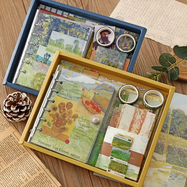A6 Vintage Notebook Agenda 2024 Washi Tape Stationery Supplies Set Kids  School Gift Box oil painting Stickers supplies van gogh