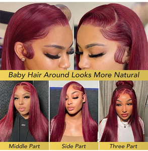 Pelucas de Cabello Humano con Frente de Encaje HD 13x4, Color Rojo Borgoña 99j, Transparentes, Pre-Arrancadas, con Frente de Encaje, Lisas - Product Image 4