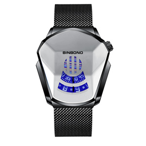 Orologio da uomo BINBOND, modello moto, alla moda, al quarzo, luminoso, con cinturino in acciaio a maglia, touchscreen, tecnologia nera. - Product Image 5