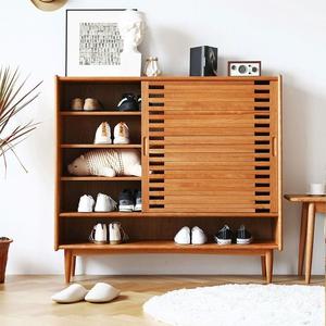 Nordic Solid Wood Shoe Cabinet Cherry Wood <b>Sliding</b> Door Multi Layer Entryway <b>Large</b> Capacity Storage Living Room Cabinet - Product Image 1