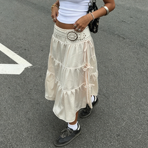 Jupe midi tissée pour femme, style cargo streetwear, avec nœud décoratif, à lacets et fente latérale, décontractée pour les vacances et les stations balnéaires, été, écologique - Product Image 1