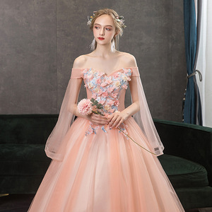 Pink Off The Shoulder Chiffon Ball Gown Dress With Floral Embellishment Empire Waistline Long Tutu Skirt For Wedding Hostess - Product Image 4