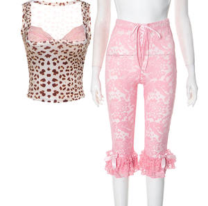 Conjunto de 2 piezas de verano para mujer, tops cortos con estampado de guepardo y pantalones cortos de encaje, conjuntos a juego, trajes de dos piezas para niñas - Product Image 4