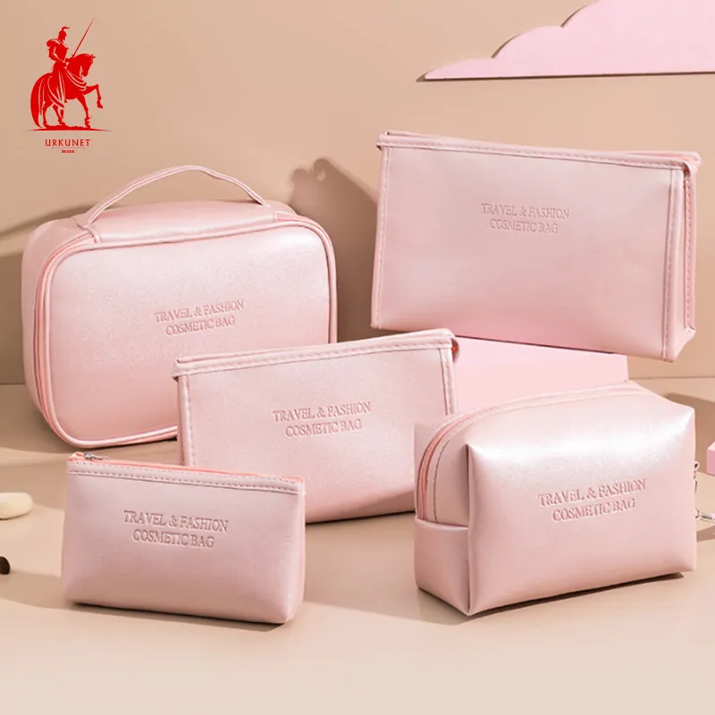 luxury private label pink travel large capacity professional leather makeup cosmetic toiletry bag