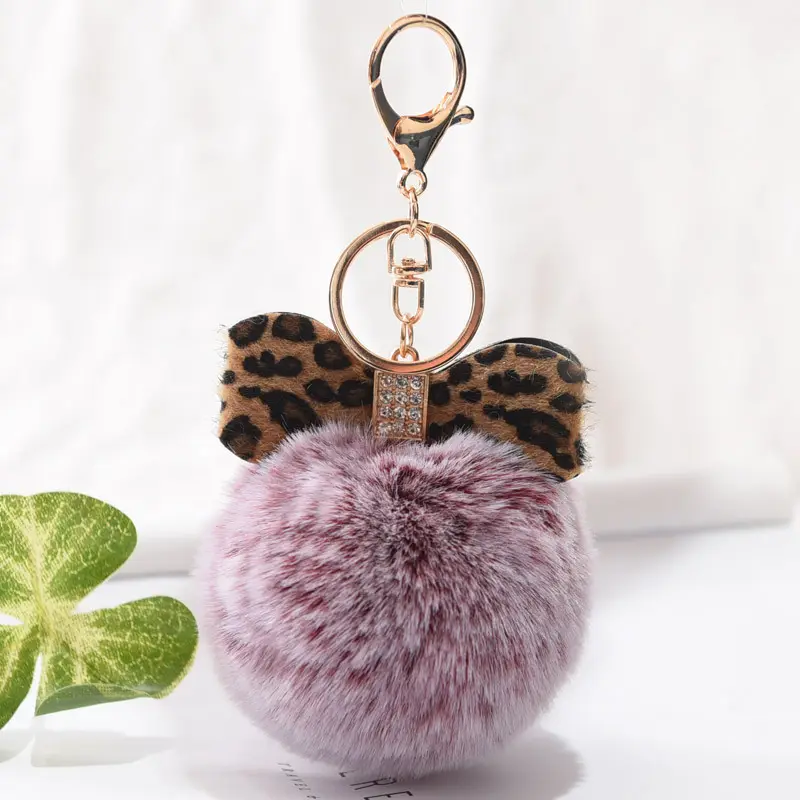 Wholesale Multicolor Furry Fluffy Puff Ball 8cm Pu leather Faux Rabbit Fur Ball Pom Pom Keychain