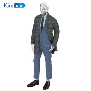 Men's Long Coat Check Woolen Fashion Overcoat Grey Wool & Blends Outwear Autumn Winter Shawl Collar long coat for men